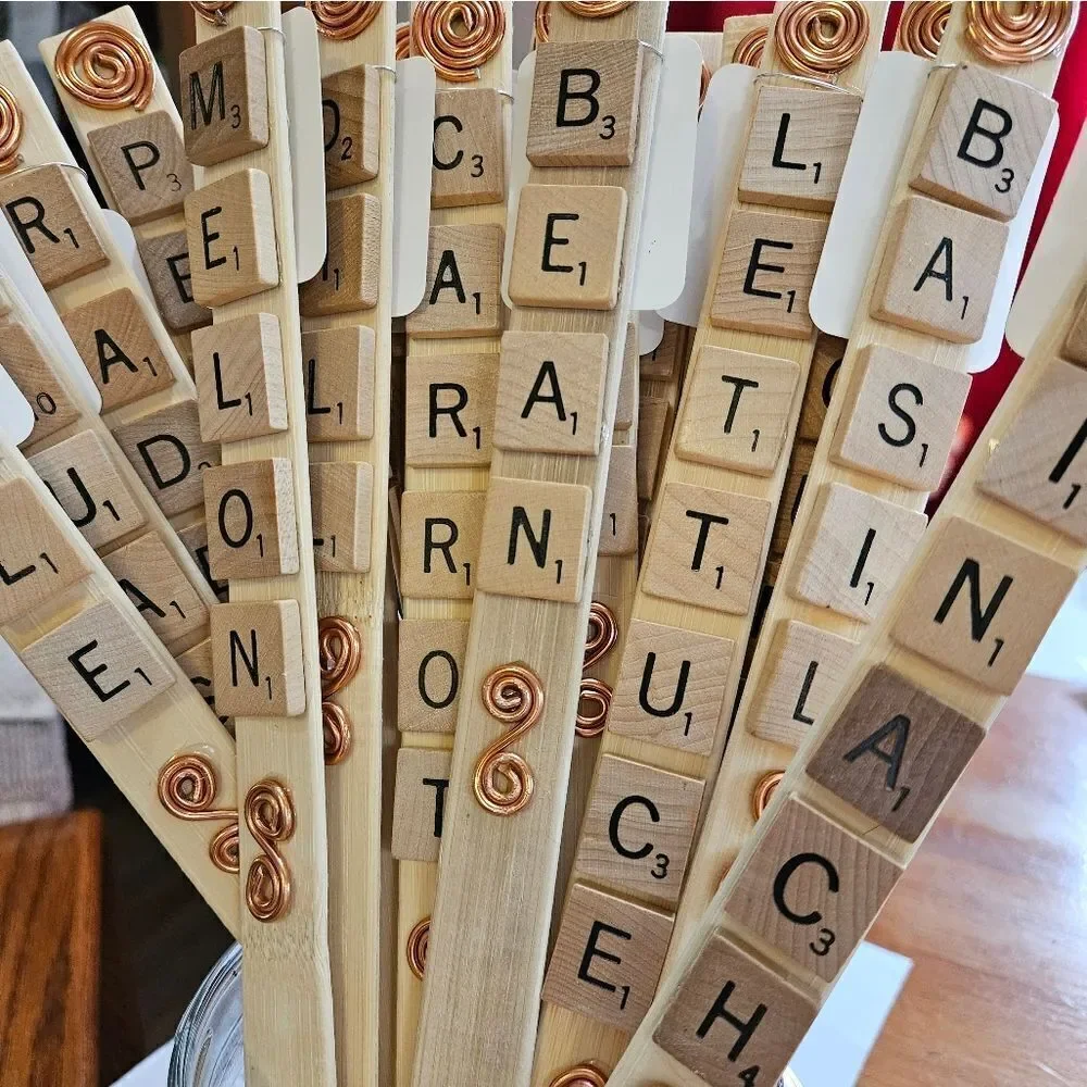 Wooden Garden Markers with Scrabble Tiles And Copper Accents,  Set Of 10 - Picture 2 of 2